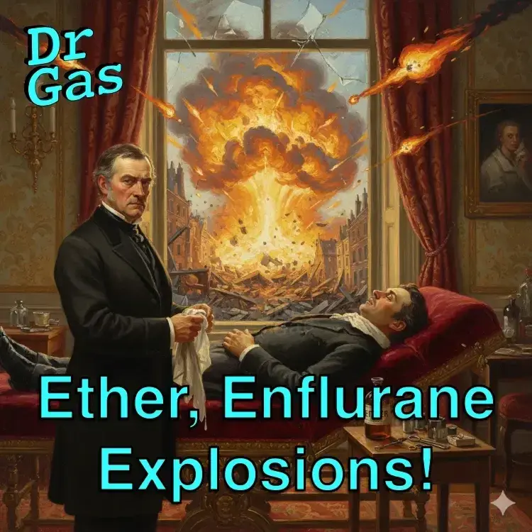 Di-ethyl ether molecule diagram alongside historical theatre explosion risk chart — FRCA volatile anaesthetic pharmacology