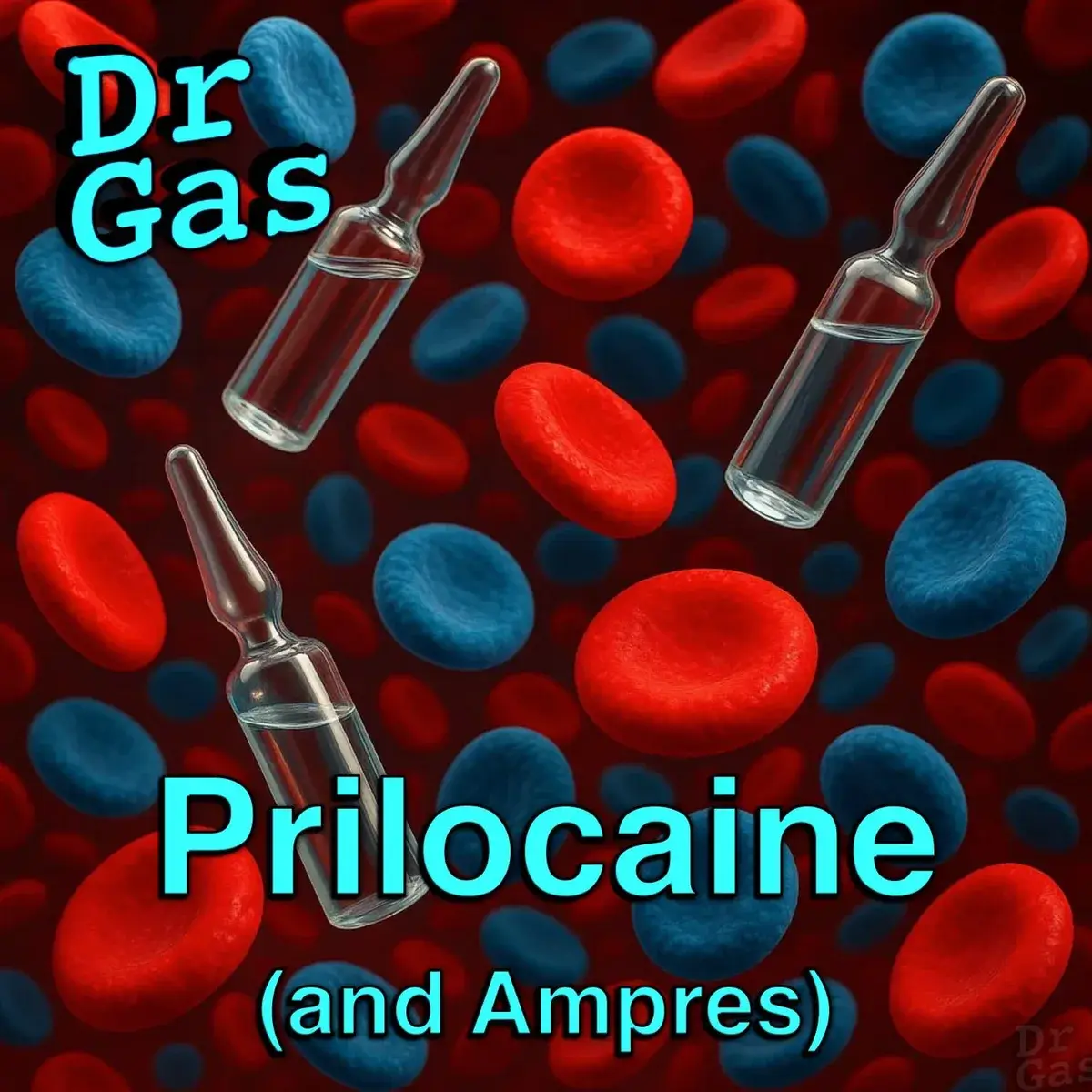 a group of vials and red and blue blood cells