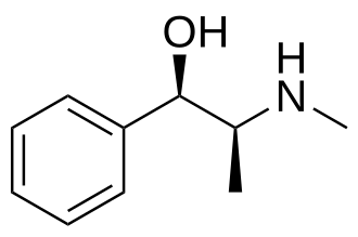 Skeletal chemical structure of ephedrine, showing the phenyl ring, hydroxyl group and secondary amine side chain