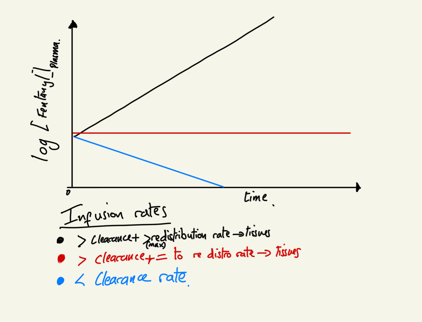 Multi compartmental Model pharmacokinetics : Log concentration over time graph of fixed infusion rate fentanyl
